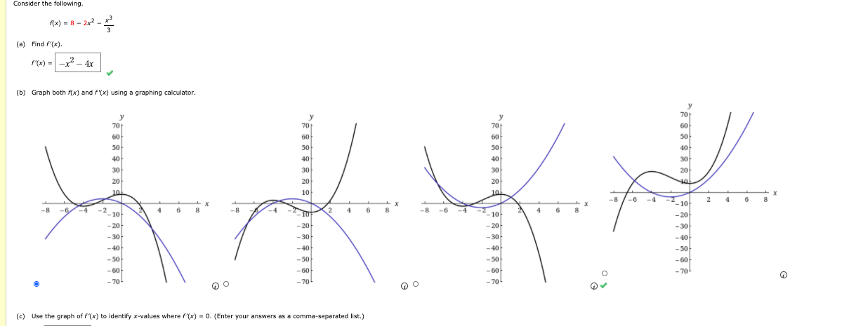 Consider the following.
(x) = 8 - 2x2
(a) Find f'(x).
f'(x) = -x2 – 4x
(b) Graph both f(x) and f'(x) using a graphing calculator.
y
70
y
70
y
70
70
60
60
50
40
60
60
50
50
50
40
40
40
30
30
30
20
30
20
20
20
10
10
10
-8
-6
-4
2
4
6
8
-10
-6/-4
-210
10-
-4 -2
10
6.
-8
4
8
2
4
-8
-6
-4
-2
10-
4
- 20
- 20
-20
- 20
- 30
-30-
-40
-50
-60
-30
-40
-30
-40
-50
-40
- 50
-50-
- 60
- 60
- 60
- 70!
- 70
- 70
- 70!
(c) Use the graph of f"(x) to identify x-values where f'(x) = 0. (Enter your answers as a comma-separated list.)
