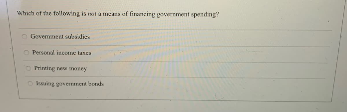Which of the following is not a means of financing government spending?
Government subsidies
Personal income taxes
O Printing new money
O Issuing government bonds

