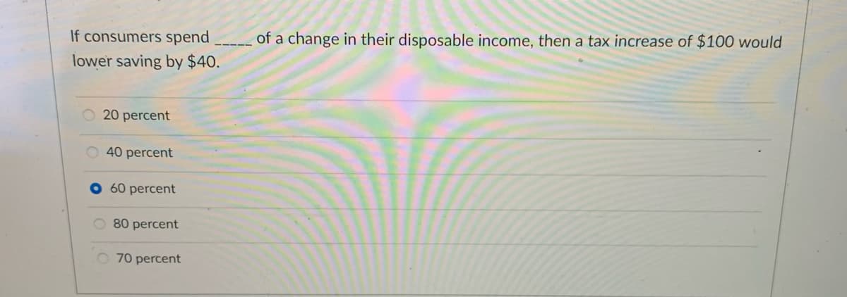 If consumers spend
of a change in their disposable income, then a tax increase of $100 would
lower saving by $40.
O 20 percent
40 percent
O 60 percent
O 80 percent
70 percent
