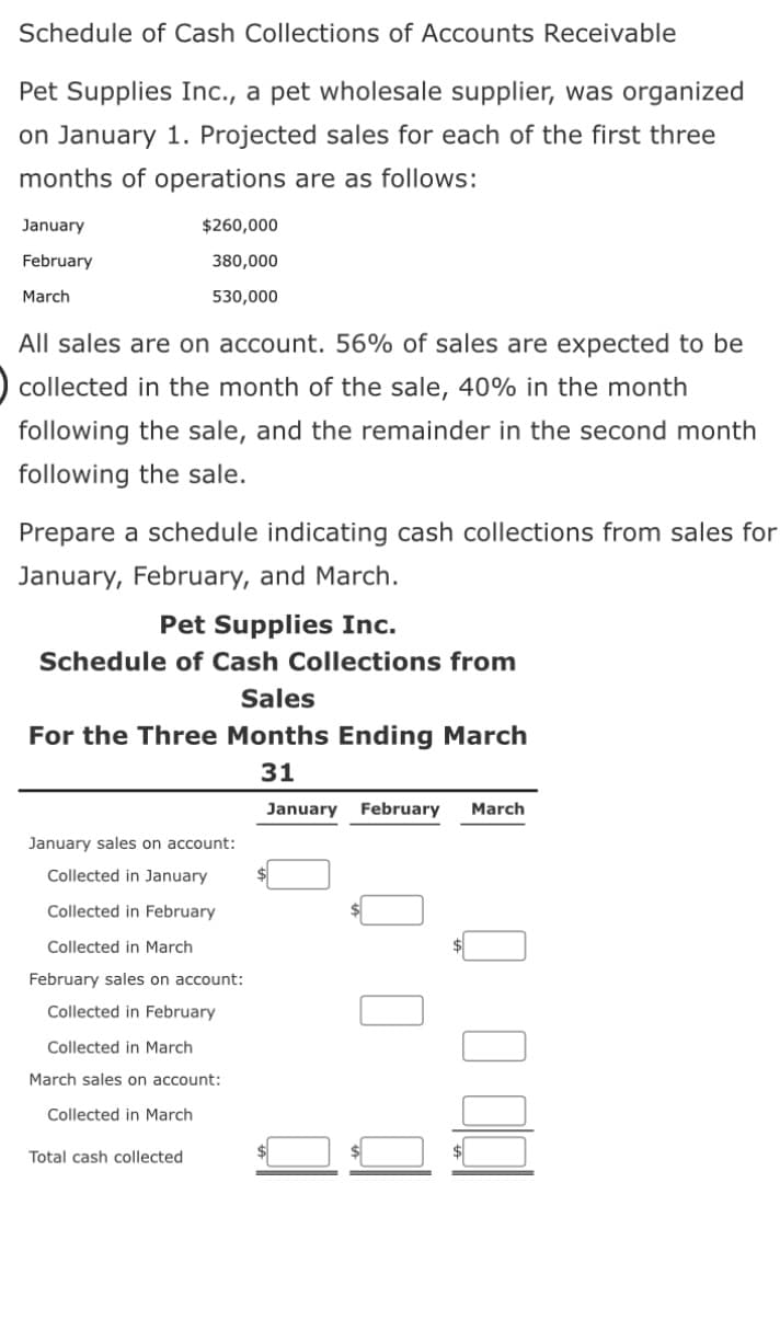 Schedule of Cash Collections of Accounts Receivable
Pet Supplies Inc., a pet wholesale supplier, was organized
on January 1. Projected sales for each of the first three
months of operations are as follows:
January
February
March
$260,000
380,000
530,000
All sales are on account. 56% of sales are expected to be
collected in the month of the sale, 40% in the month
following the sale, and the remainder in the second month
following the sale.
Prepare a schedule indicating cash collections from sales for
January, February, and March.
Pet Supplies Inc.
Schedule of Cash Collections from
Sales
For the Three Months Ending March
31
January February March
January sales on account:
Collected in January
Collected in February
Collected in March
February sales on account:
Collected in February
Collected in March
March sales on account:
Collected in March
Total cash collected