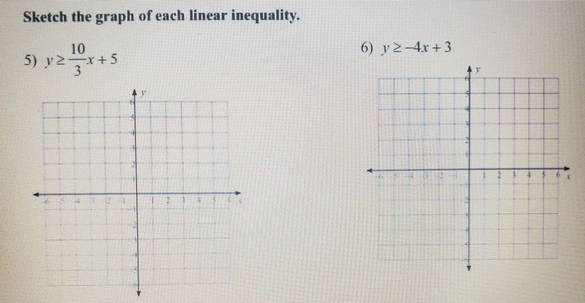 Sketch the graph of each linear inequality.
10
5) y>x+5
6) y2-4x+3
V
1