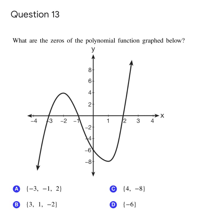 Question 13
What are the zeros of the polynomial function graphed below?
y
8-
6-
4
21
2
3 -2 -1
-2
-4
1
3
4
-6
-8
A {-3, –1, 2}
О 4, —8]
B
{3, 1, -2}
O {-6}
