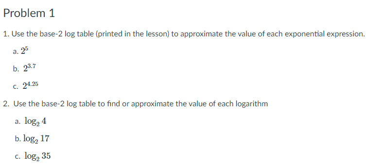 Problem 1
1. Use the base-2 log table (printed in the lesson) to approximate the value of each exponential expression.
а. 25
b. 23.7
с. 24.25
2. Use the base-2 log table to find or approximate the value of each logarithm
a. log, 4
b. log, 17
c. log, 35
