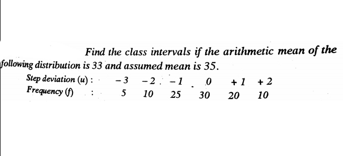 Find the class intervals if the arithmetic mean of the
following distribution is 33 and assumed mean is 35.
Step deviation (u) :
Frequency (f)
- 3
- 2. -1. 0
+ 1 +2
|
5
10
25
30
20
10
