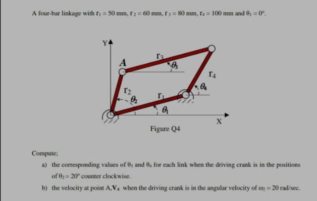 A four-bar linkage with r = 50 mm, r2 = 60 mm, r3 = 80 mm, r= 100 mm and 0 = 0".
%3D
Y4
Figure Q4
Compute;
a) the corresponding values of 0s and 0, for each link when the driving crank is in the positions
of 0 = 20° counter clockwise,
b) the velocity at point A,VA when the driving crank is in the angular velocity of ox = 20 rad/sec.
