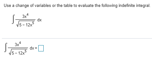 Use a change of variables or the table to evaluate the following indefinite integral.
3x*
dx
15- 12x
S-
Зx4
dx =
5-12x
