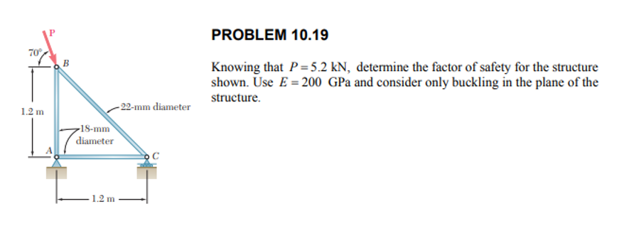 PROBLEM 10.19
70
B
Knowing that P= 5.2 kN, determine the factor of safety for the structure
shown. Use E = 200 GPa and consider only buckling in the plane of the
structure.
- 22-mm diameter
1.2 m
-18-mm
diameter
- 1.2 m
