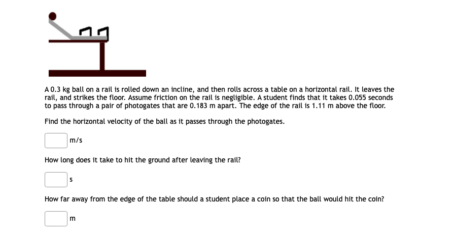 A0.3 kg ball on a rail is rolled down an incline, and then rolls across a table on a horizontal rail. It leaves the
rail, and strikes the floor. Assume friction on the rail is negligible. A student finds that it takes 0.055 seconds
to pass through a pair of photogates that are 0.183 m apart. The edge of the rail is 1.11 m above the floor.
Find the horizontal velocity of the ball as it passes through the photogates.
m/s
How long does it take to hit the ground after leaving the rail?
How far away from the edge of the table should a student place a coin so that the ball would hit the coin?
m
