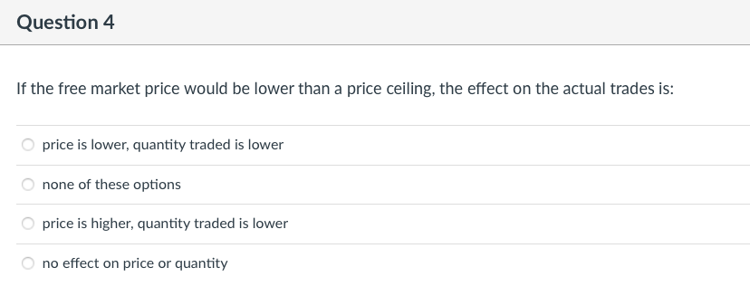 Question 4
If the free market price would be lower than a price ceiling, the effect on the actual trades is:
price is lower, quantity traded is lower
none of these options
price is higher, quantity traded is lower
no effect on price or quantity