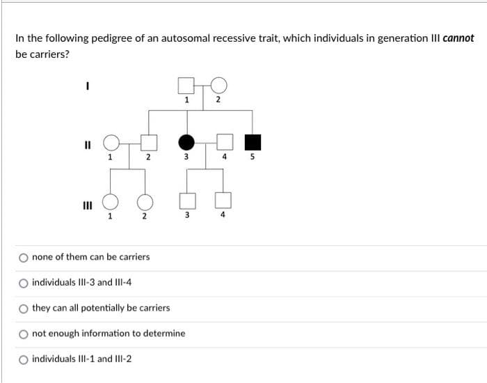 In the following pedigree of an autosomal recessive trait, which individuals in generation III cannot
be carriers?
I
1
2
||
2
III
1 2
none of them can be carriers
individuals III-3 and III-4
they can all potentially be carriers
not enough information to determine
individuals III-1 and III-2
1
3
3
4
4
5