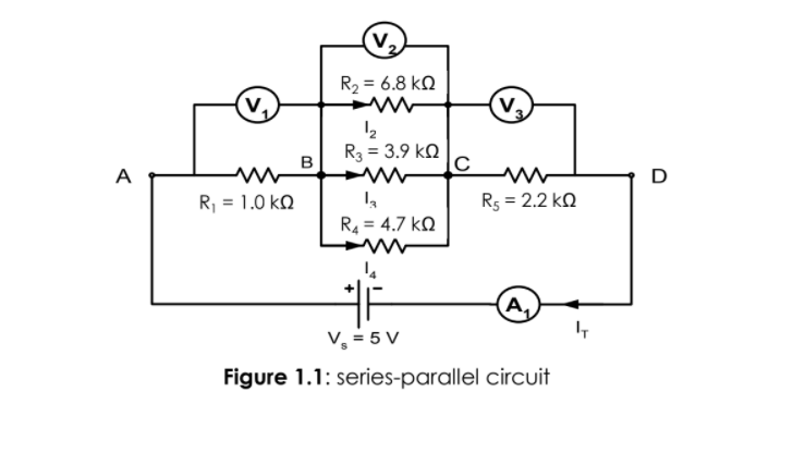 V2
R2 = 6.8 kN
(v,
R3 = 3.9 kQ
A
D
R, = 1.0 kN
R5 = 2.2 ko
R4 = 4.7 kN
V, = 5 V
Figure 1.1: series-parallel circuit
