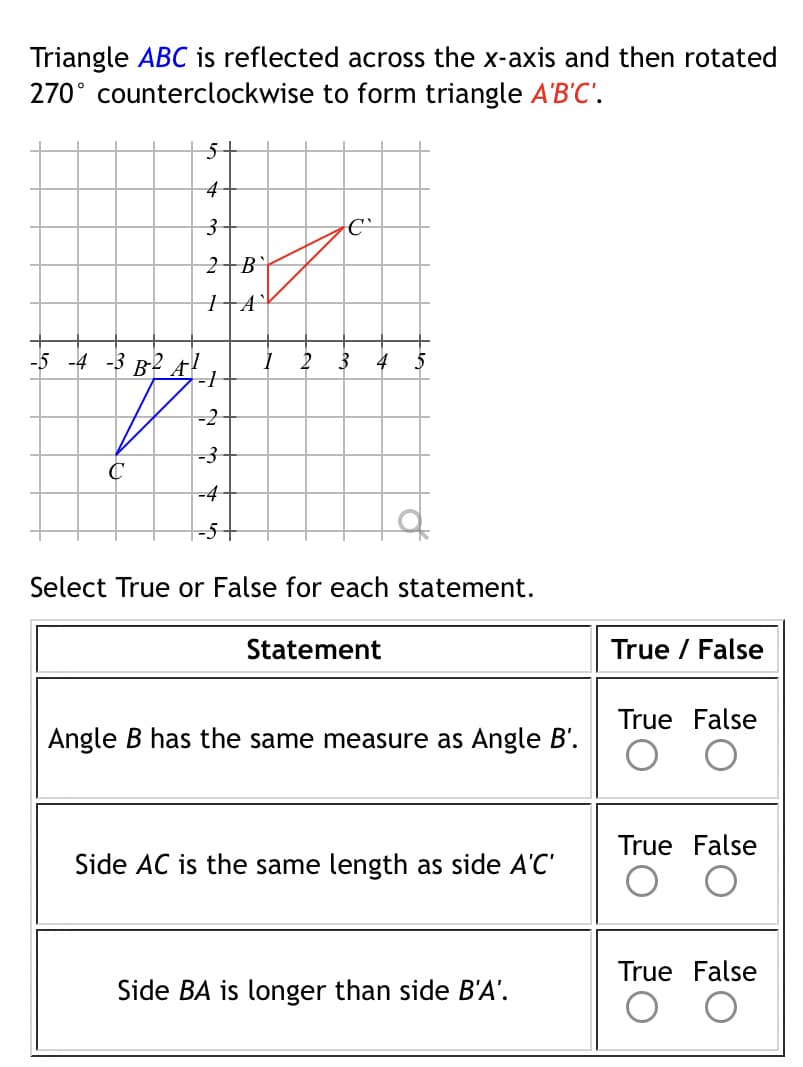 Triangle ABC is reflected across the x-axis and then rotated
270° counterclockwise to form triangle A'B'C'.
5
3
C`
2 B
IA
-5 -4 -3 B² A²-1
4 5
-2
-3
C
-4
Select True or False for each statement.
Statement
True / False
True False
Angle B has the same measure as Angle B'.
True False
Side AC is the same length as side A'C'
True False
Side BA is longer than side B'A'.
1 2