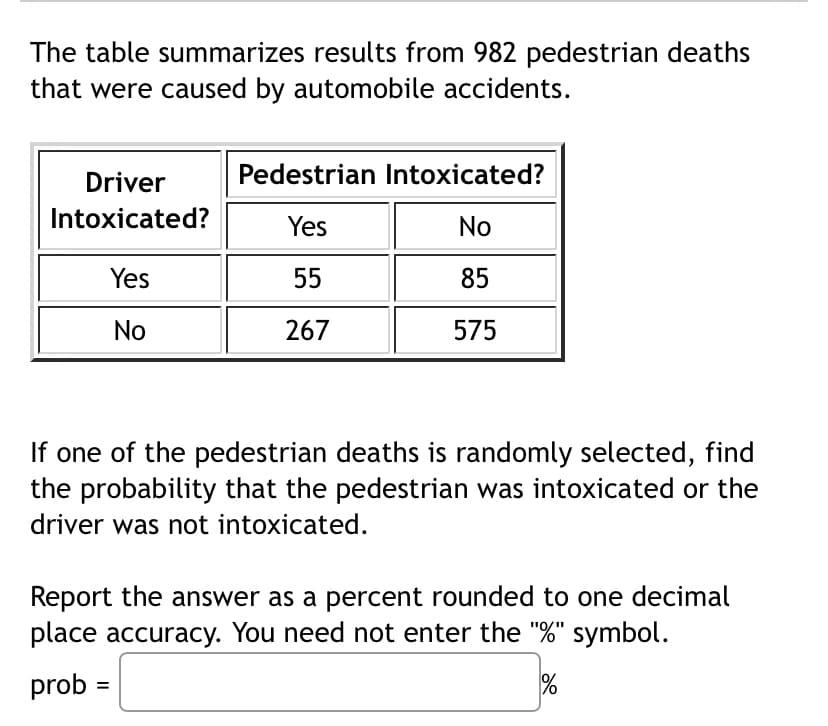 The table summarizes results from 982 pedestrian deaths
that were caused by automobile accidents.
Driver
Pedestrian Intoxicated?
Intoxicated?
Yes
No
Yes
55
85
No
267
575
If one of the pedestrian deaths is randomly selected, find
the probability that the pedestrian was intoxicated or the
driver was not intoxicated.
Report the answer as a percent rounded to one decimal
place accuracy. You need not enter the "%" symbol.
prob
