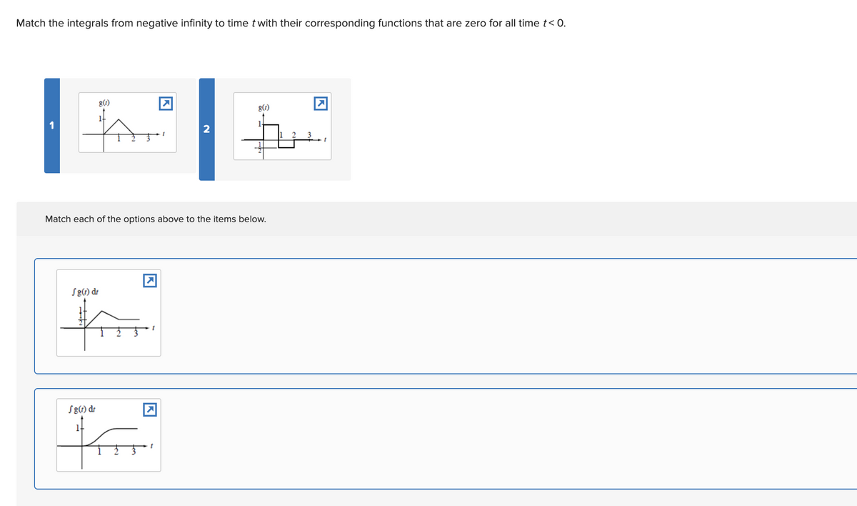 Match the integrals from negative infinity to time twith their corresponding functions that are zero for all time t< 0.
g(1)
g(1)
2
Match each of the options above to the items below.
Sg(1) dr
Sg(1) dr
1-
