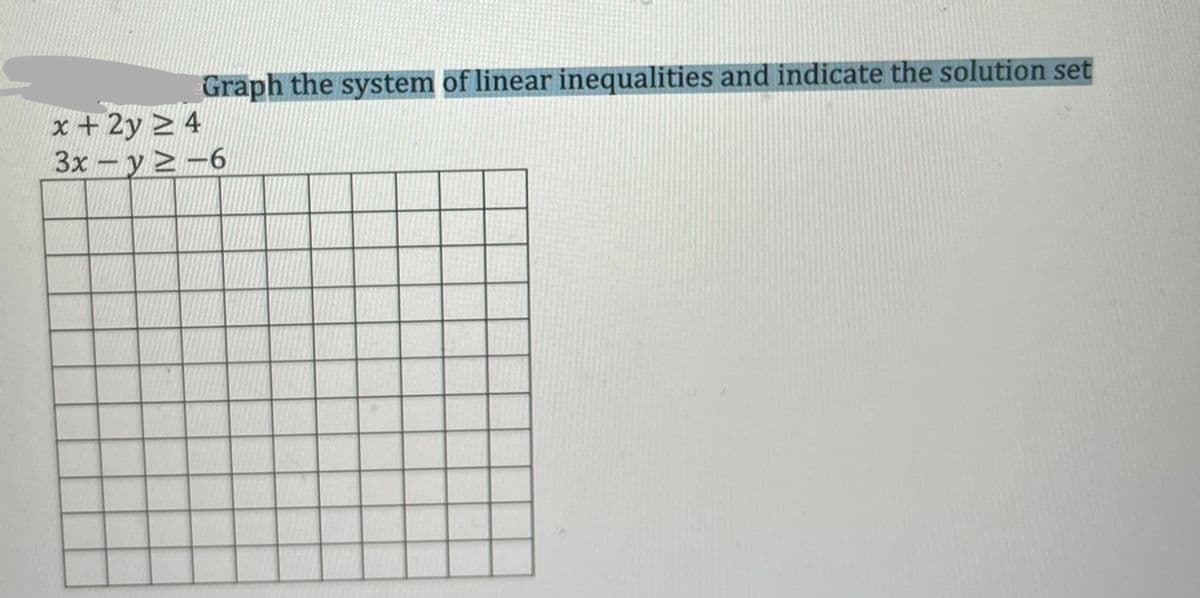 Graph the system of linear inequalities and indicate the solution set
x + 2y > 4
3x -y>-6
