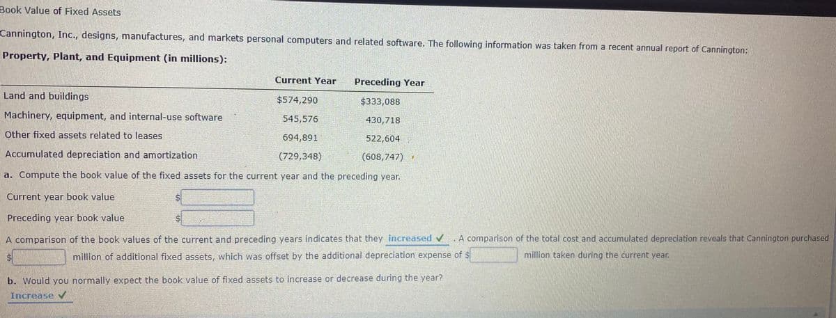 Book Value of Fixed Assets
Cannington, Inc., designs, manufactures, and markets personal computers and related software. The following information was taken from a recent annual report of Cannington:
Property, Plant, and Equipment (in millions):
Current Year
Preceding Year
Land and buildings
$574,290
$333,088
Machinery, equipment, and internal-use software
545,576
430,718
Other fixed assets related to leases
694,891
522,604
Accumulated depreciation and amortization
(729,348)
(608,747)
a. Compute the book value of the fixed assets for the current year and the preceding year.
Current year book value
Preceding year book value
A comparison of the book values of the current and preceding years indicates that they Increased v. A comparison of the total cost and accumulated depreciation reveals that Cannington purchased
million of additional fixed assets, which was offset by the additional depreciation expense of $
million taken during the current year.
b. Would you normally expect the book value of fixed assets to increase or decrease during the year?
Increase V
