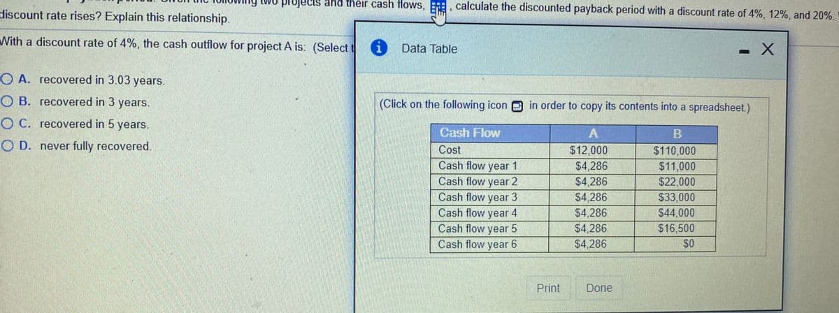 discount rate rises? Explain this relationship.
projects and their cash flows,
calculate the discounted payback period with a discount rate of 4%, 12%, and 20%.
With a discount rate of 4%, the cash outflow for project A is: (Select t
i Data Table
O A. recovered in 3.03 years.
O B. recovered in 3 years.
(Click on the following icon
in order to copy its contents into a spreadsheet.)
O C. recovered in 5 years.
Cash Flow
O D. never fully recovered.
Cost
$12,000
$110,000
Cash flow year 1
Cash flow year 2
$4,286
$4,286
$4,286
$11,000
$22,000
Cash flow year 3
Cash flow year 4
Cash flow year 5
Cash flow year 6
$33,000
$4,286
$4,286
$44,000
$16,500
$4,286
$0
Print
Done
