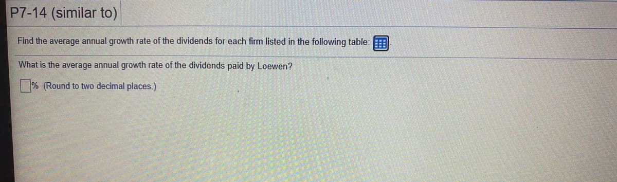 P7-14 (similar to)
Find the average annual growth rate of the dividends for each firm listed in the following table:
What is the average annual growth rate of the dividends paid by Loewen?
% (Round to two decimal places.)
