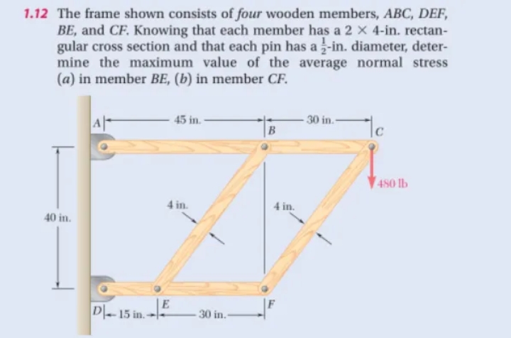 1.12 The frame shown consists of four wooden members, ABC, DEF,
BE, and CF. Knowing that each member has a 2 X 4-in. rectan-
gular cross section and that each pin has a 2-in. diameter, deter-
mine the maximum value of the average normal stress
(a) in member BE, (b) in member CF.
45 in.
30 in.-
Ic
B
40 in.
D-15 in.-
4 in.
E
30 in.-
4 in.
480 lb