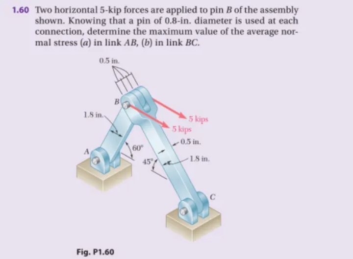 1.60 Two horizontal 5-kip forces are applied to pin B of the assembly
shown. Knowing that a pin of 0.8-in. diameter is used at each
connection, determine the maximum value of the average nor-
mal stress (a) in link AB, (b) in link BC.
0.5 in.
B
5 kips
1.8 in.
A
Fig. P1.60
45
5 kips
-0.5 in.
-1.8 in.
