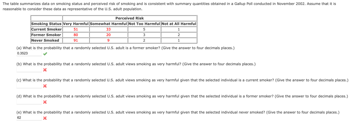 The table summarizes data on smoking status and perceived risk of smoking and is consistent with summary quantities obtained in a Gallup Poll conducted in November 2002. Assume that it is
reasonable to consider these data as representative of the U.S. adult population.
Perceived Risk
Smoking Status Very Harmful Somewhat Harmful Not Too Harmful Not at All Harmful
Current Smoker
51
33
1
Former Smoker
80
20
3
2
Never Smoked
91
1
(a) What is the probability that a randomly selected U.S. adult is a former smoker? (Give the answer to four decimals places.)
0.3523
(b) What is the probability that a randomly selected U.S. adult views smoking as very harmful? (Give the answer to four decimals places.)
(c) What is the probability that a randomly selected U.S. adult views smoking as very harmful given that the selected individual is a current smoker? (Give the answer to four decimals places.)
(d) What is the probability that a randomly selected U.S. adult views smoking as very harmful given that the selected individual is a former smoker? (Give the answer to four decimals places.)
(e) What is the probability that a randomly selected U.S. adult views smoking as very harmful given that the selected individual never smoked? (Give the answer to four decimals places.)
62
