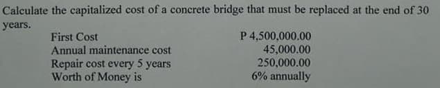 Calculate the capitalized cost of a concrete bridge that must be replaced at the end of 30
years.
P 4,500,000.00
45,000.00
250,000.00
6% annually
First Cost
Annual maintenance cost
Repair cost every 5 years
Worth of Money is
