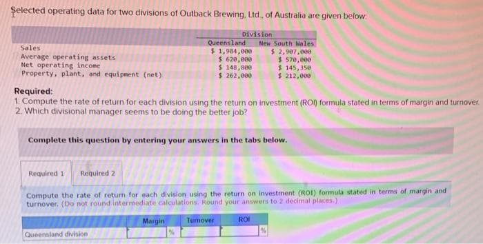 Selected operating data for two divisions of Outback Brewing, Ltd., of Australia are given below
Sales
Average operating assets
Net operating income i
Property, plant, and equipment (net)
Required 1 Required 2
Required:
1. Compute the rate of return for each division using the return on investment (ROI) formula stated in terms of margin and turnover.
2. Which divisional manager seems to be doing the better job?
Division
Queensland
$ 1,984,000
$ 620,000
$ 148,800
$ 262,000
Complete this question by entering your answers in the tabs below.
Queensland division
Margin
Compute the rate of return for each division using the return on investment (ROI) formula stated in terms of margin and
turnover, (Do not round intermediate calculations. Round your answers to 2 decimal places.)
New South Wales
$ 2,907,000
$570,000
$ 145,350
$ 212,000
Turnover
ROI