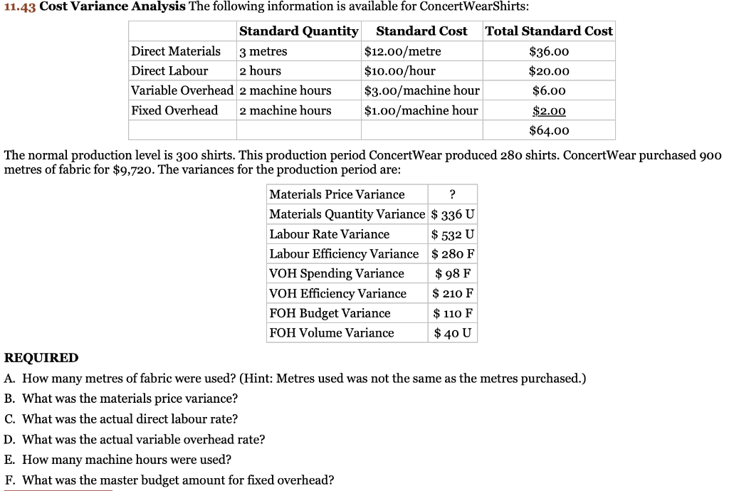 11.43 Cost Variance Analysis The following information is available for ConcertWearShirts:
Direct Materials
Direct Labour
Variable Overhead
Fixed Overhead
Standard Quantity
3 metres
2 hours
2 machine hours
2 machine hours
Standard Cost Total Standard Cost
$12.00/metre
$36.00
$10.00/hour
$20.00
$6.00
$2.00
$64.00
$3.00/machine hour
$1.00/machine hour
The normal production level is 300 shirts. This production period ConcertWear produced 280 shirts. ConcertWear purchased 900
metres of fabric for $9,720. The variances for the production period are:
Materials Price Variance
Materials Quantity Variance
Labour Rate Variance
Labour Efficiency Variance
VOH Spending Variance
VOH Efficiency Variance
FOH Budget Variance
FOH Volume Variance
D. What was the actual variable overhead rate?
E. How many machine hours were used?
F. What was the master budget amount for fixed overhead?
?
$ 336 U
$ 532 U
$ 280 F
$98 F
$ 210 F
$ 110 F
$ 40 U
REQUIRED
A. How many metres of fabric were used? (Hint: Metres used was not the same as the metres purchased.)
B. What was the materials price variance?
C. What was the actual direct labour rate?