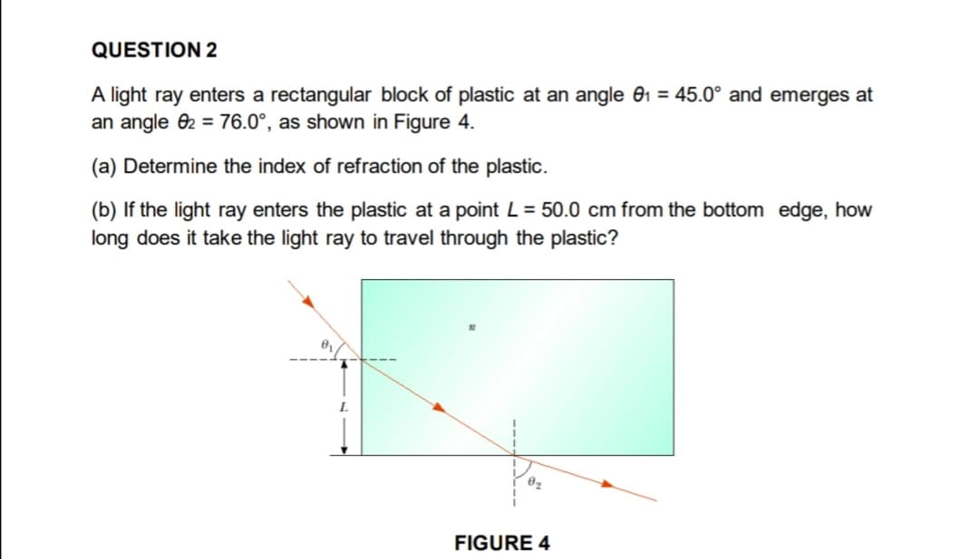 QUESTION 2
A light ray enters a rectangular block of plastic at an angle 01 = 45.0° and emerges at
an angle 02 = 76.0°, as shown in Figure 4.
(a) Determine the index of refraction of the plastic.
(b) If the light ray enters the plastic at a point L = 50.0 cm from the bottom edge, how
long does it take the light ray to travel through the plastic?
FIGURE 4
