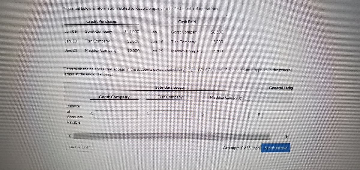 Presented below is information re ated to Rizzo Company for its first month of operations.
Credit Purchases
Cash Paid
Jan, 06
Gerst Company
$11,000
Jan. 11
Gorst Company
58500
Jan. 10
Tian Company
Jan. 18
Tian Company
12.000
12.000
10.000
Jan. 23
Maddox Company
Jan. 29
Maccox Company
7700
Determine the balances tha: appear in the accounts payable subsidiary tecgen What Accou Payable belance appears in the general
ledger at the end of January?
Subsidary Ledger
General Ledge
Gorst Company
Fian Company
Maddox Company
Balance
of
Accounts
Payable
4
Save For Later
$
S
Attempts: 0 of 5 used