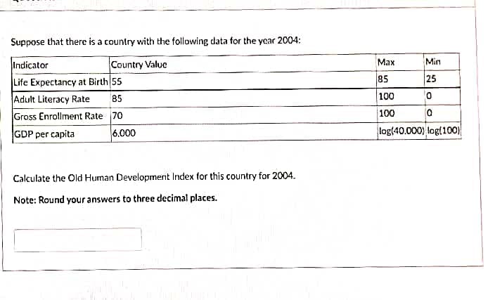 Suppose that there is a country with the following data for the year 2004:
Indicator
Country Value
Life Expectancy at Birth 55
Adult Literacy Rate
85
Gross Enrollment Rate 70
GDP per capita
6.000
Calculate the Old Human Development Index for this country for 2004.
Note: Round your answers to three decimal places.
Max
85
100
100
Min
25
0
0
log(40.000) log(100)