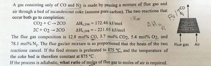 A gas consisting only of CO and N2 is made by passing a mixture of flue gas and
air through a bed of incandescent coke (assume pure carbon). The two reactions that
occur both go to completion:
CO2 + C-2CO
h
AH,,298 172.46 kJ/mol
- 221.05 kJ/mol
--
ΔΗ,,298
The flue gas composition is 12.8 mol% CO, 3.7 mol % CO2, 5.4 mol % O2, and
78.1 mol % N₂. The flue gas/air mixture is so proportioned that the heats of the two
reactions cancel. If the feed stream is preheated to 875 °C, and the temperature of
the coke bed is therefore constant at 875 °C.
If the process is adiabatic, what ratio of moles of flue gas to moles of air is required.
2C+02 → 2CO
-
=
AH.
Pl
Mixer
Coke
Flue gas
Air