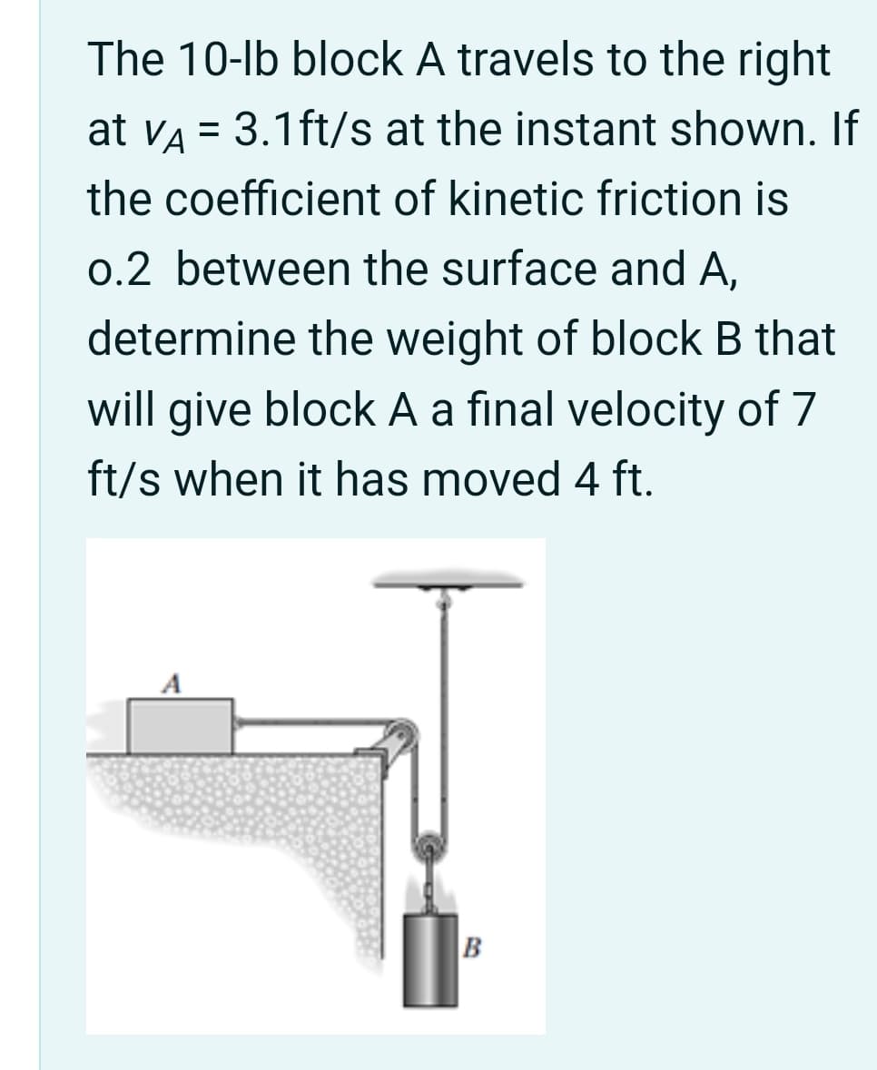 The 10-lb block A travels to the right
at vA = 3.1ft/s at the instant shown. If
%3D
the coefficient of kinetic friction is
0.2 between the surface and A,
determine the weight of block B that
will give block A a final velocity of 7
ft/s when it has moved 4 ft.
B.
