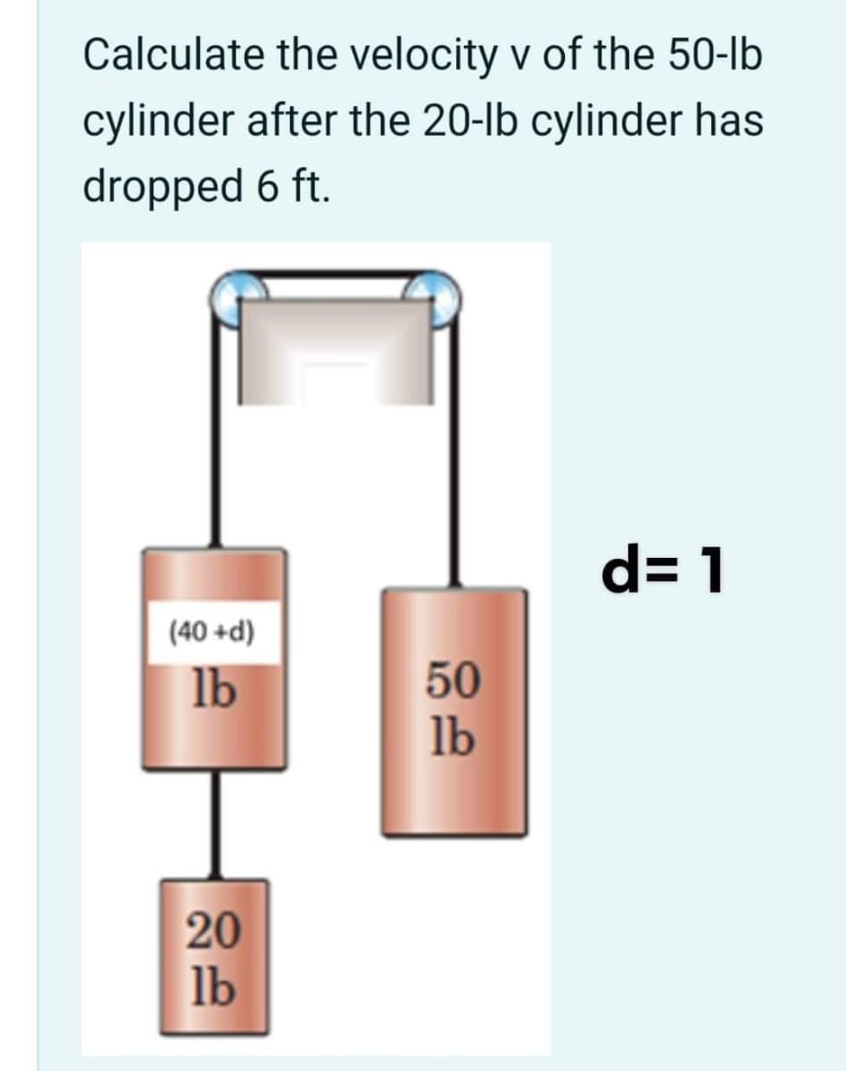 Calculate the velocity v of the 50-lb
cylinder after the 20-lb cylinder has
dropped 6 ft.
d= 1
(40 +d)
lb
50
lb
20
lb
