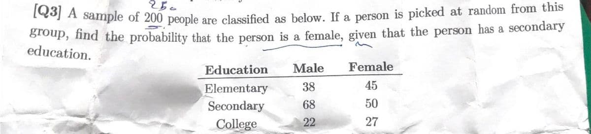 250
A sample of 200 people are classified as below. If a person is picked at random from this
Broup, find the probability that the person is a female, given that the person has a secondary
education.
Education
Male
Female
38
45
Elementary
Secondary
68
50
College
22
27
