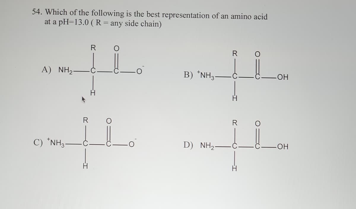 54. Which of the following is the best representation of an amino acid
at a pH=13.0 (R = any side chain)
R O
μ
H
R
H
A) NH2
C) NH3-
200
B) *NH3-
D) NH2
R
R
"
ON
O
-ОН
-ОН