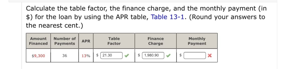 Calculate the table factor, the finance charge, and the monthly payment (in
$) for the loan by using the APR table, Table 13-1. (Round your answers to
the nearest cent.)
Amount
Number of
Table
Finance
Monthly
Payment
APR
Financed
Payments
Factor
Charge
$9,300
36
13%
$ 21.30
2$
1,980.90
24
