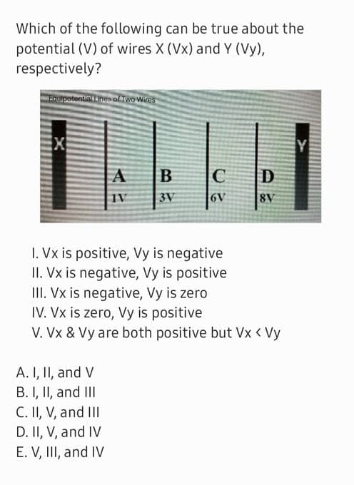 Which of the following can be true about the
potential (V) of wires X (Vx) and Y (Vy),
respectively?
Equipotential Lines of TWO Wires
B
C
1V
3V
8V
19
I. Vx is positive, Vy is negative
II. Vx is negative, Vy is positive
II. Vx is negative, Vy is zero
IV. Vx is zero, Vy is positive
V. Vx & Vy are both positive but Vx < Vy
A. I, II, and V
B. I, II, and III
C. II, V, and III
D. II, V, and IV
E. V, III, and IV
