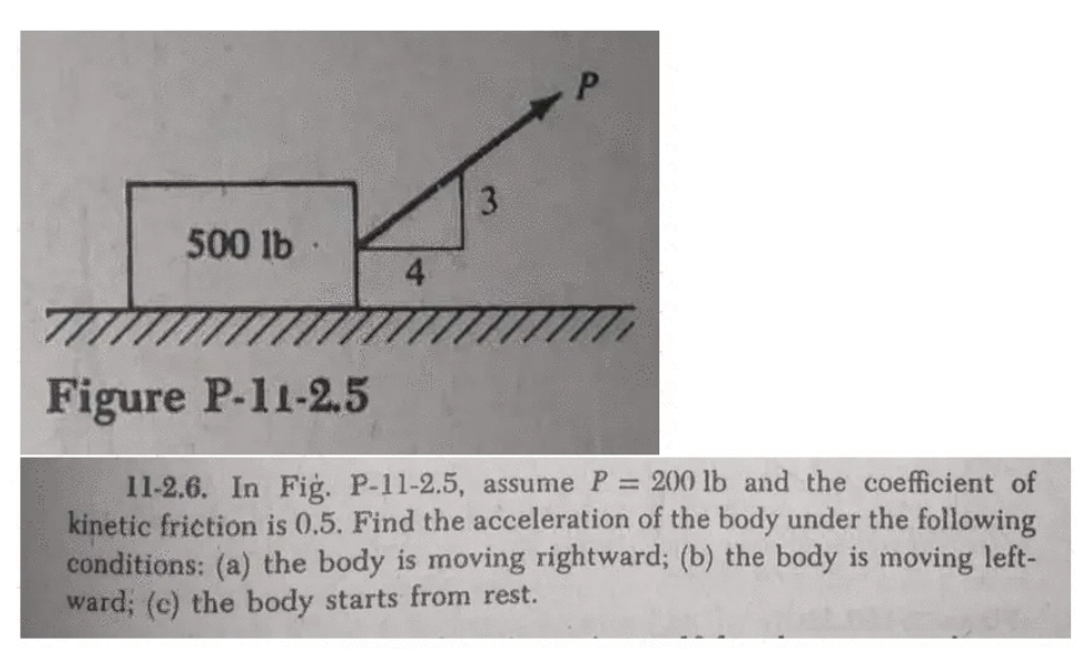 P.
3.
500 lb
Figure P-11-2.5
11-2.6. In Fiġ. P-11-2.5, assume P = 200 lb and the coefficient of
kinetic friction is 0.5. Find the acceleration of the body under the following
conditions: (a) the body is moving rightward; (b) the body is moving left-
ward; (c) the body starts from rest.
