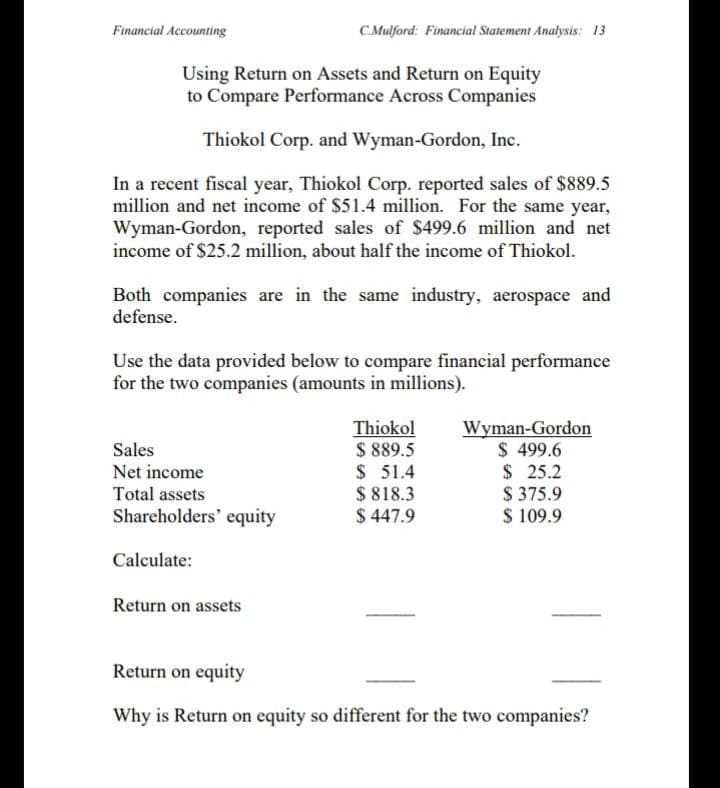 Financial Accounting
CMulford: Financial Statement Analysis: 13
Using Return on Assets and Return on Equity
to Compare Performance Across Companies
Thiokol Corp. and Wyman-Gordon, Inc.
In a recent fiscal year, Thiokol Corp. reported sales of $889.5
million and net income of $51.4 million. For the same year,
Wyman-Gordon, reported sales of $499.6 million and net
income of $25.2 million, about half the income of Thiokol.
Both companies are in the same industry, aerospace and
defense.
Use the data provided below to compare financial performance
for the two companies (amounts in millions).
Thiokol
$ 889.5
$ 51.4
$ 818.3
$ 447.9
Wyman-Gordon
$ 499.6
$ 25.2
$ 375.9
$ 109.9
Sales
Net income
Total assets
Shareholders' equity
Calculate:
Return on assets
Return on equity
Why is Return on equity so different for the two companies?
