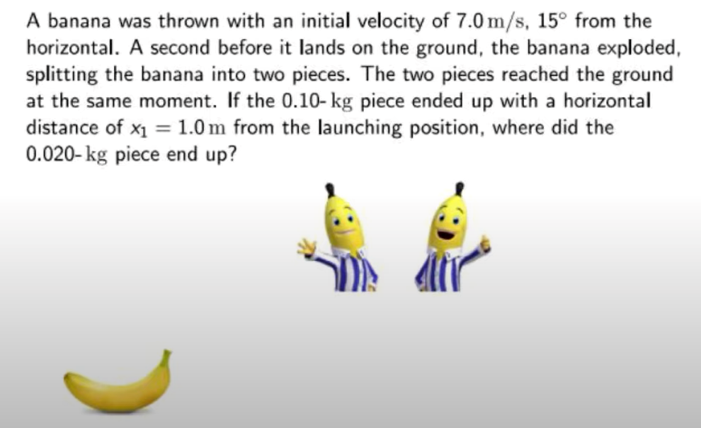 A banana was thrown with an initial velocity of 7.0 m/s, 15° from the
horizontal. A second before it lands on the ground, the banana exploded,
splitting the banana into two pieces. The two pieces reached the ground
at the same moment. If the 0.10- kg piece ended up with a horizontal
distance of x1 = 1.0 m from the launching position, where did the
0.020- kg piece end up?

