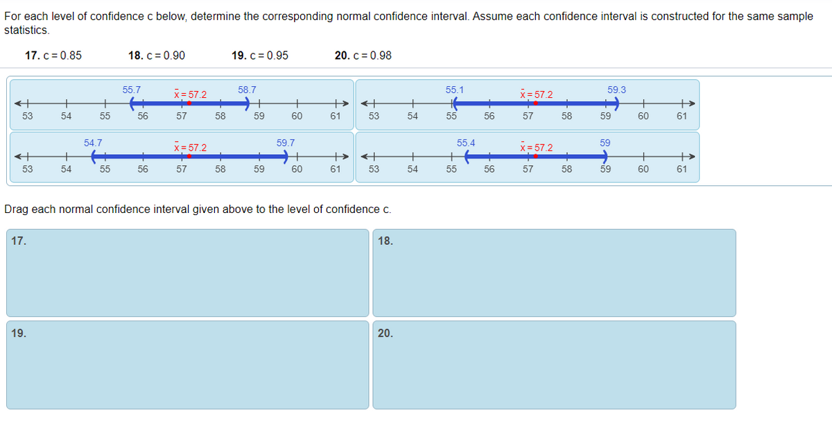 For each level of confidence c below, determine the corresponding normal confidence interval. Assume each confidence interval is constructed for the same sample
statistics.
17. c= 0.85
18. c = 0.90
19. c = 0.95
20. c = 0.98
55.7
58.7
55.1
59.3
x= 57.2
x= 57.2
+>
+
+>
53
54
55
56
57
58
59
60
61
53
54
55
56
57
58
59
60
61
54.7
x = 57.2
59.7
55.4
x= 57.2
59
+>
53
54
55
56
57
58
59
60
61
53
54
55
56
57
58
59
60
61
Drag each normal confidence interval given above to the level of confidence c.
17.
18.
19.
20.
