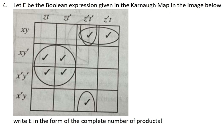 Let E be the Boolean expression given in the Karnaugh Map in the image below
zt
ху
xy'
x'y
x'y
write E in the form of the complete number of products!

