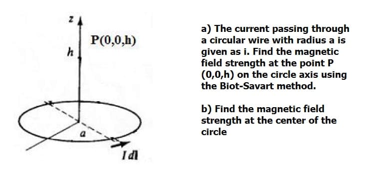 a) The current passing through
a circular wire with radius a is
P(0,0,h)
h
given as i. Find the magnetic
field strength at the point P
(0,0,h) on the circle axis using
the Biot-Savart method.
b) Find the magnetic field
strength at the center of the
circle
