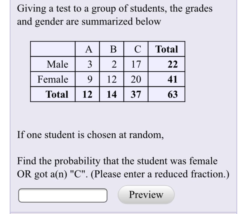 Giving a test to a group of students, the grades
and gender are summarized below
B
Total
Male
2
17
22
Female
12
20
41
Total
12
14| 37
63
If one student is chosen at random,
Find the probability that the student was female
OR got a(n) "C". (Please enter a reduced fraction.)
Preview

