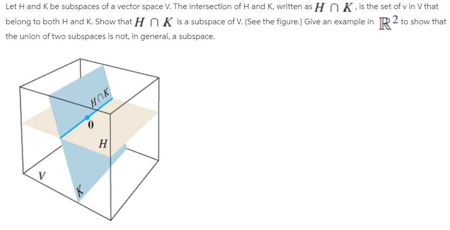 Let H and K be subspaces of a vector space V. The intersection of H and K, written as H O K is the set of v in V that
belong to both H and K. Show that H O K is a subspace of V. (See the figure.) Give an example in R2 to show that
the union of two subspaces is not, in general, a subspace.
HOK
