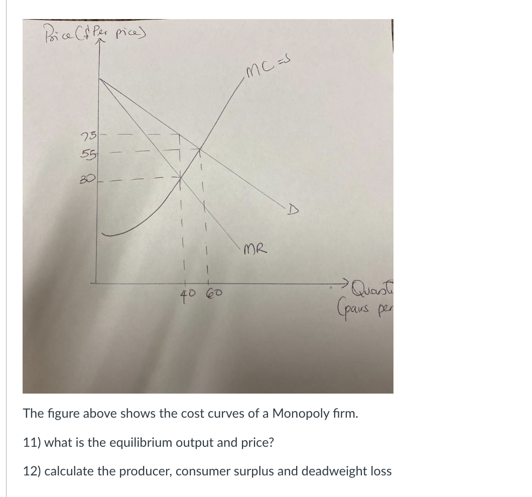 Bie CA Par pice)
mC=S
25
55
30
MR
40
(paus pe
The figure above shows the cost curves of a Monopoly firm.
11) what is the equilibrium output and price?
12) calculate the producer, consumer surplus and deadweight loss
