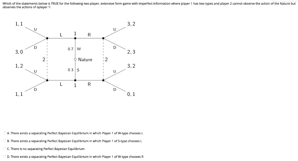 Which of the statements below is TRUE for the following two-player, extensive form game with imperfect information where player 1 has two types and player 2 cannot observe the action of the Nature but
observes the actions of oplayer 1:
1,1
3,2
U
U
L
1 R
0.7 W
3,0
2,3
Nature
1,2
3,2
0.3 S
L
1
R
1,1
0,1
A. There exists a separating Perfect Bayesian Equilibrium in which Player 1 of W-type chooses L
B. There exists a separating Perfect Bayesian Equilibrium in which Player 1 of S-type chooses L
C. There is no separating Perfect Bayesian Equilibrium
D. There exists a separating Perfect Bayesian Equilibrium in which Player 1 of W-type chooses R
D
U
D
2
2
D
U
D