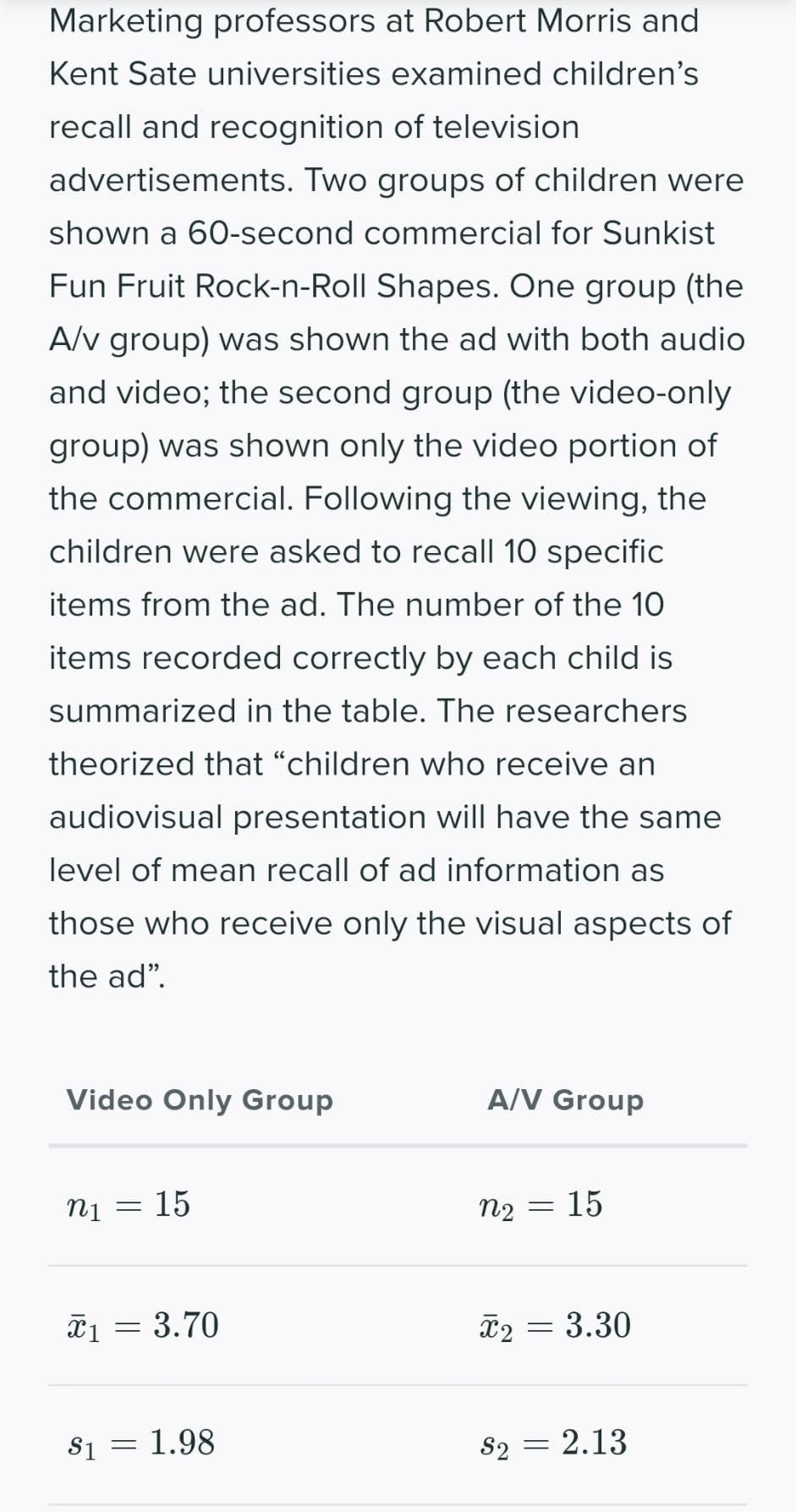 Marketing professors at Robert Morris and
Kent Sate universities examined children's
recall and recognition of television
advertisements. Two groups of children were
shown a 60-second commercial for Sunkist
Fun Fruit Rock-n-Roll Shapes. One group (the
A/v group) was shown the ad with both audio
and video; the second group (the video-only
group) was shown only the video portion of
the commercial. Following the viewing, the
children were asked to recall 10 specific
items from the ad. The number of the 10
items recorded correctly by each child is
summarized in the table. The researchers
theorized that "children who receive an
audiovisual presentation will have the same
level of mean recall of ad information as
those who receive only the visual aspects of
the ad".
Video Only Group
A/V Group
n1 = 15
n₂ =
15
T₁ = 3.70
T2 = 3.30
$1
1.98
S2 = 2.13
=