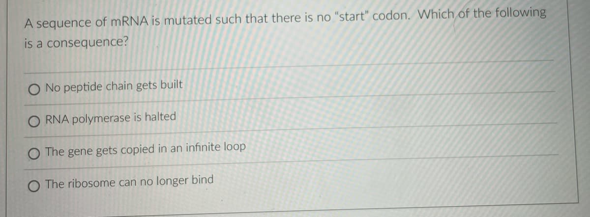 A sequence of MRNA is mutated such that there is no "start" codon. Which of the following
is a consequence?
O No peptide chain gets built
O RNA polymerase is halted
O The gene gets copied in an infinite loop
O The ribosome can no longer bind
